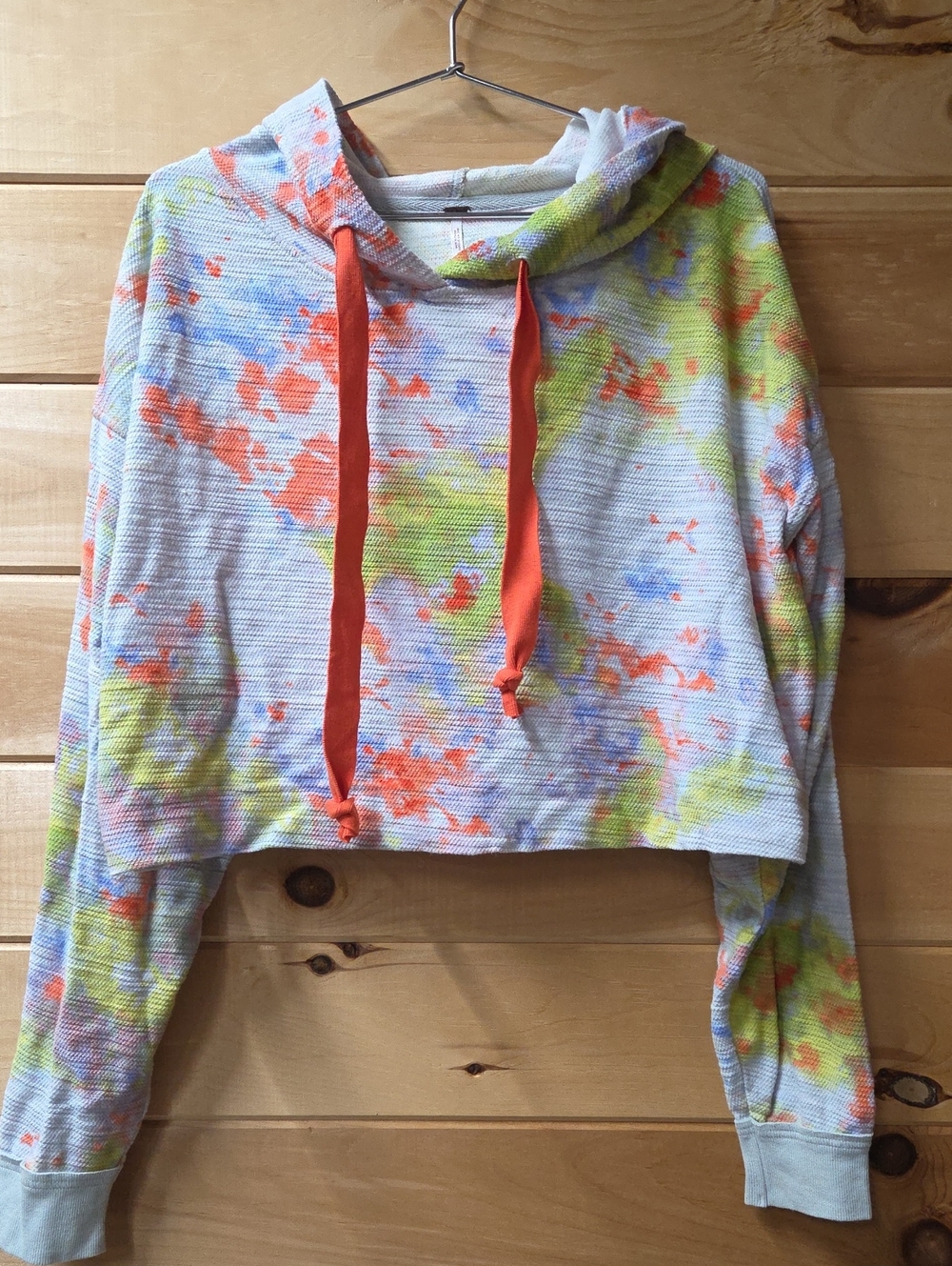 Free People Cropped Tie-Dye Hoodie in White, Orange, Yellow, Blue